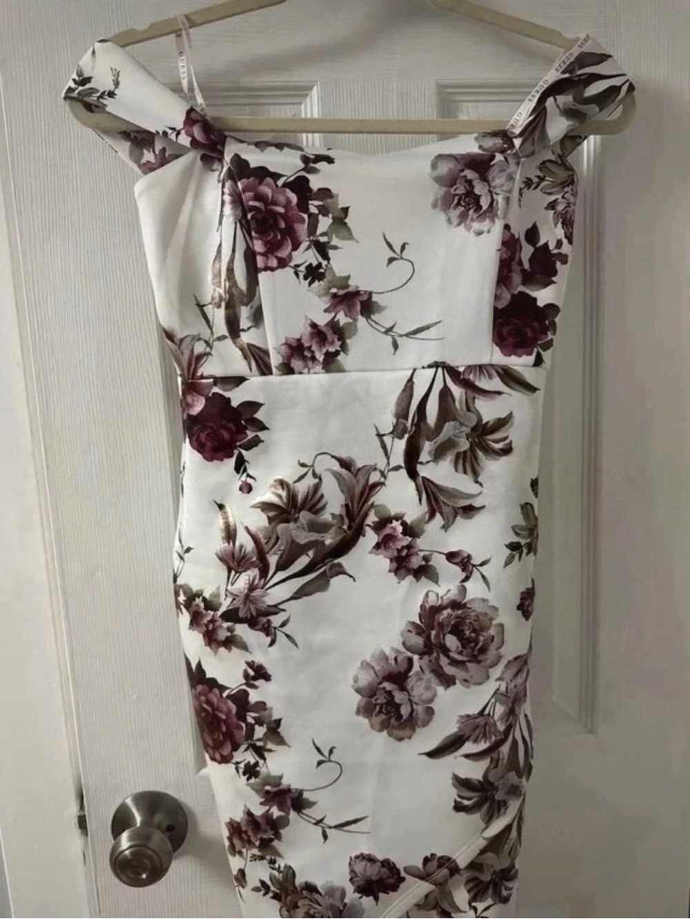 Guess One-Shoulder Floral Sheath Dress in White and Plum